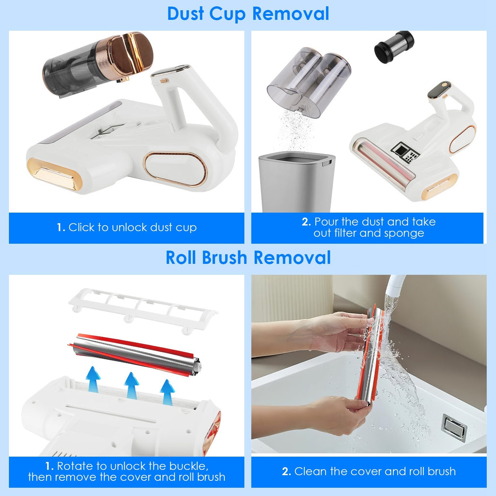 16Kpa Mattress Handheld Vacuum Cleaner With Ultrasonic And UVC Light 18000 RPM