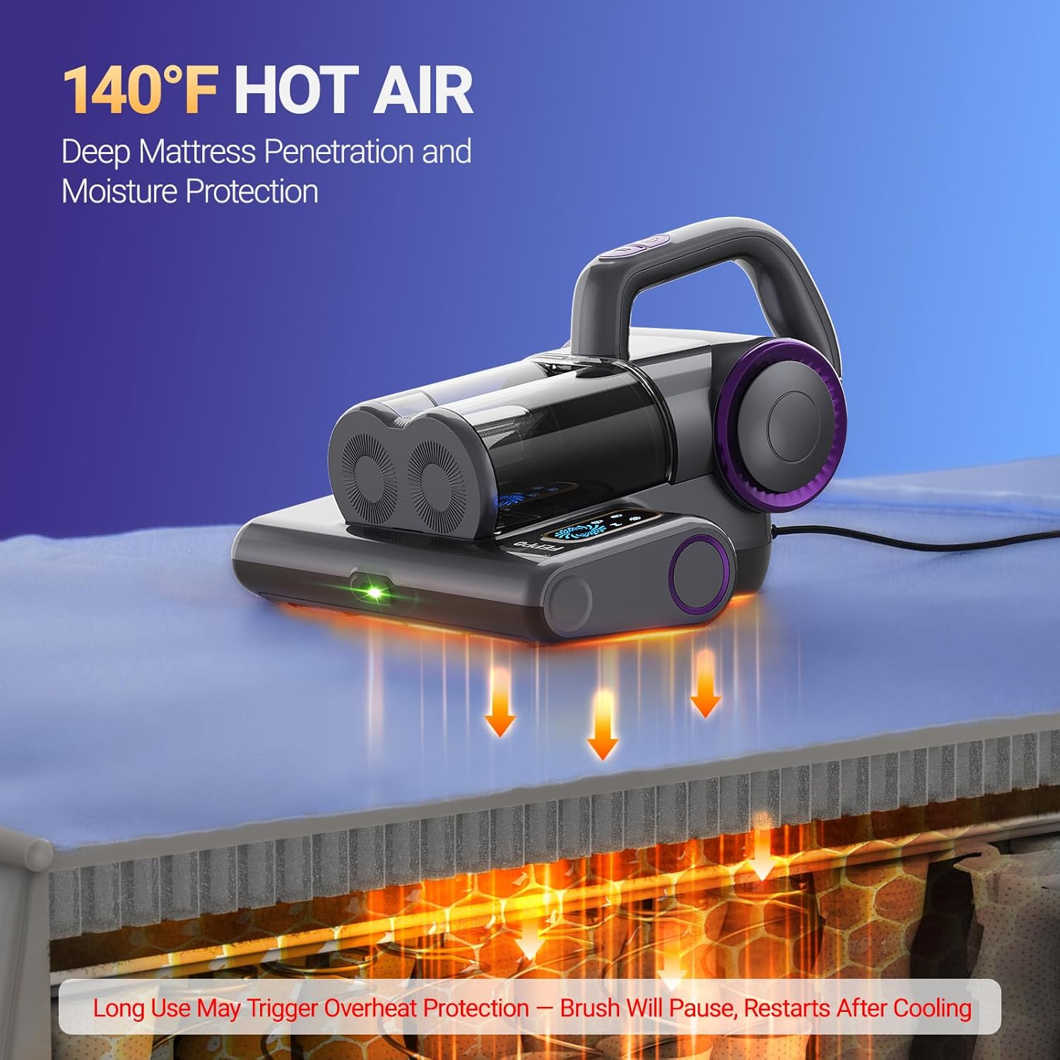 Corded Mattress and Bed Vacuum Cleaner 500W with 253.7Nm UV-C Light, 140°F Heat