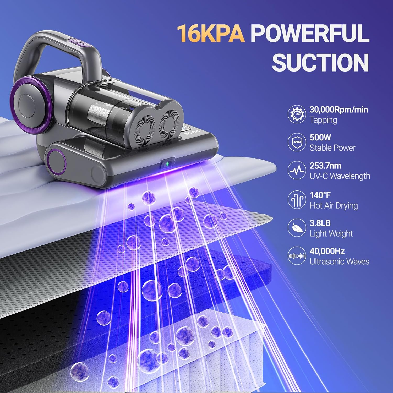 Corded Mattress and Bed Vacuum Cleaner 500W with 253.7Nm UV-C Light, 140°F Heat