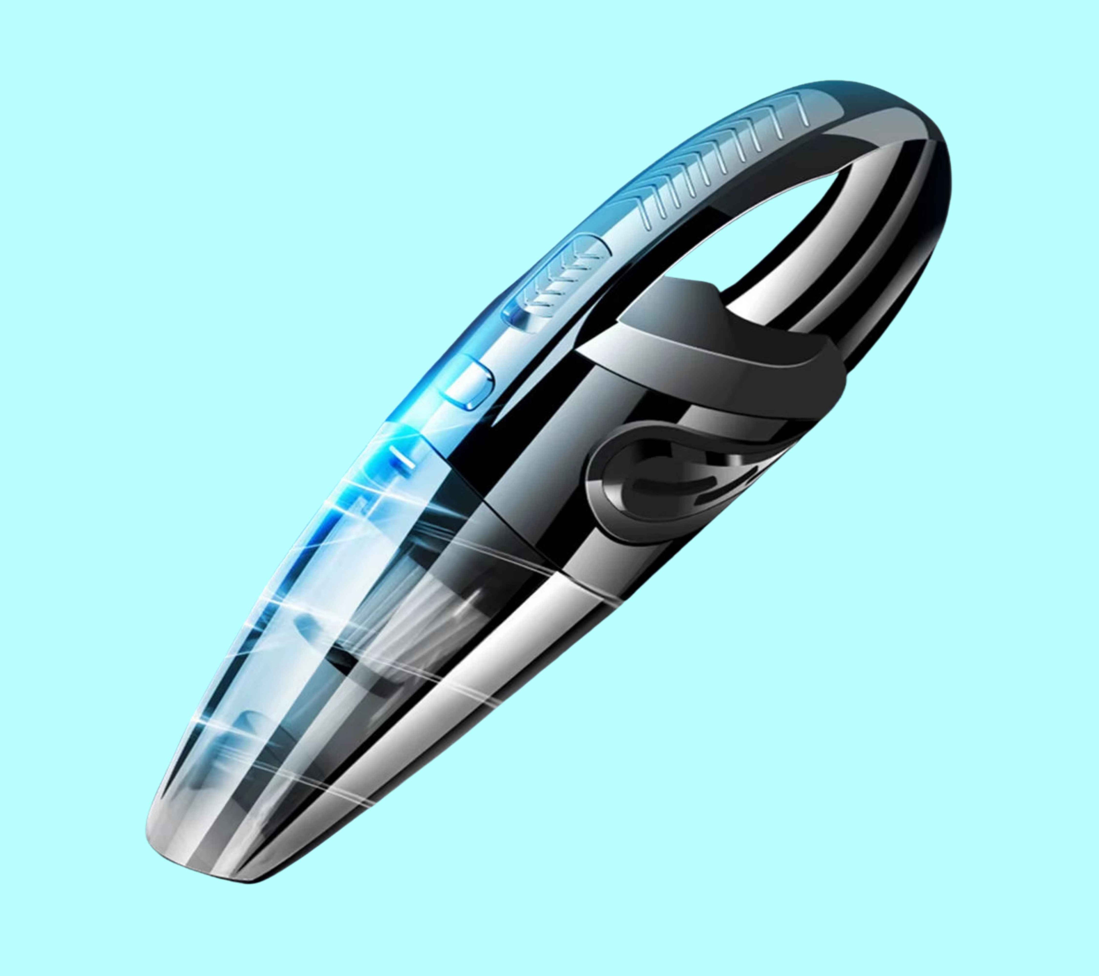 Handheld vacuum cleaner on a light blue background