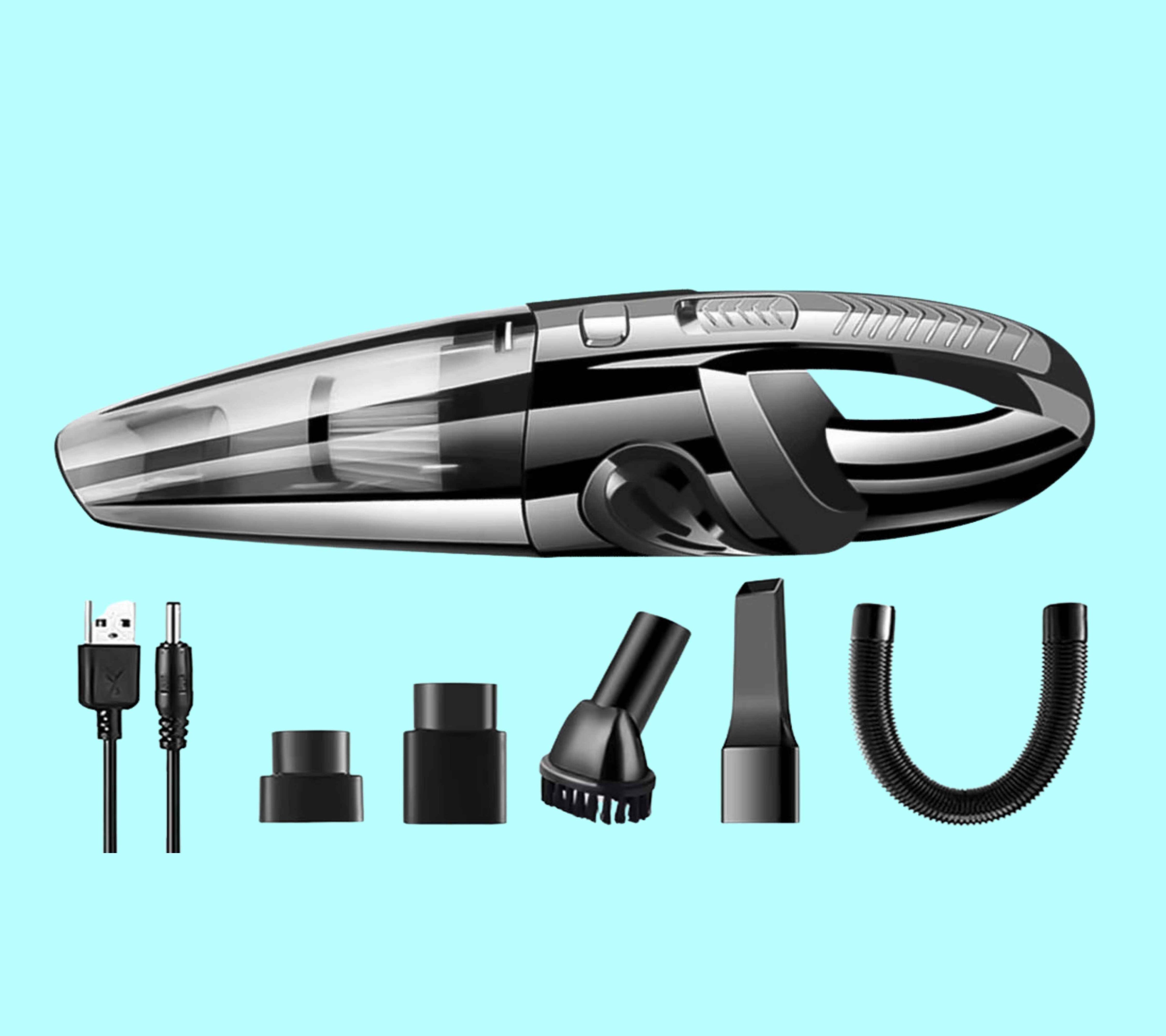 Handheld vacuum cleaner with attachments on a light blue background