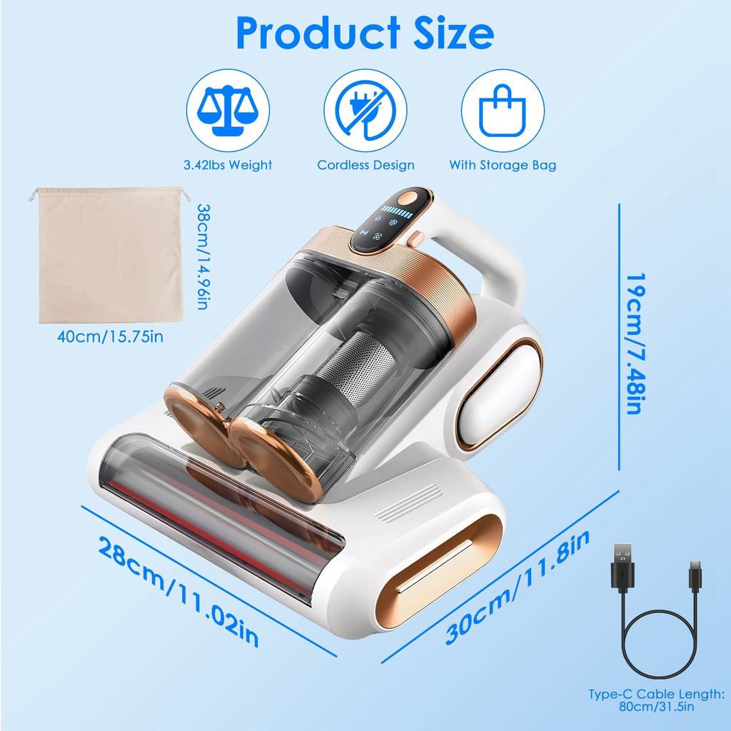 Product size chart with dimensions of a handheld vacuum cleaner on a light blue background.