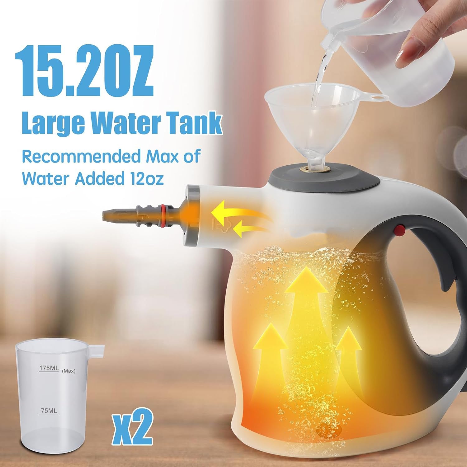 White and black water tank with a funnel being poured into it, labeled '15.20oz Large Water Tank'.