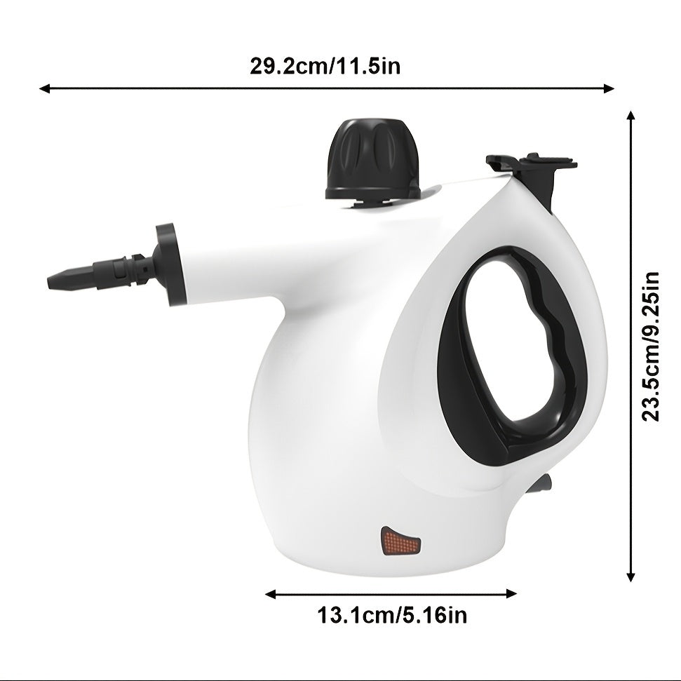 White handheld steam sprayer with black accents and measurements on a white background