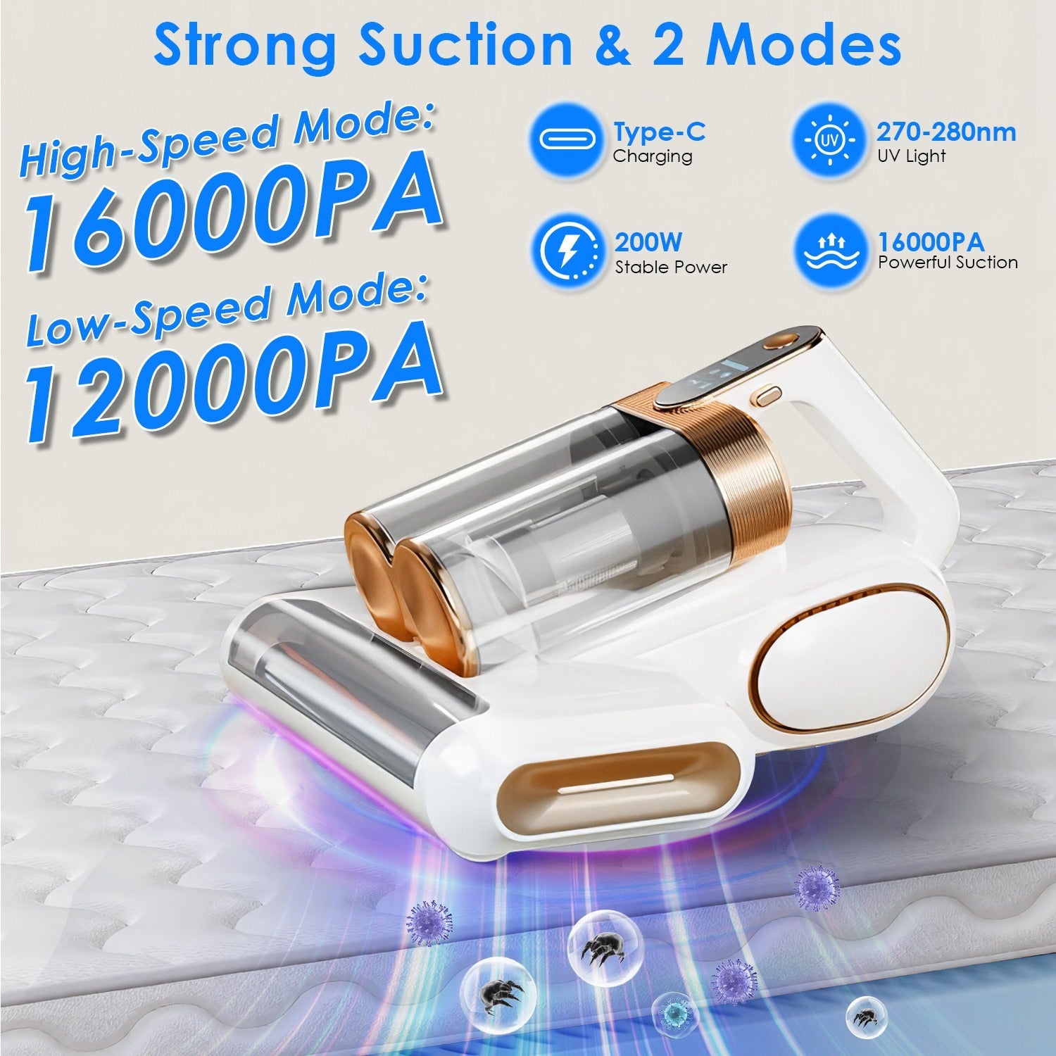 16Kpa Mattress Handheld Vacuum Cleaner With Ultrasonic And UVC Light 18000 RPM